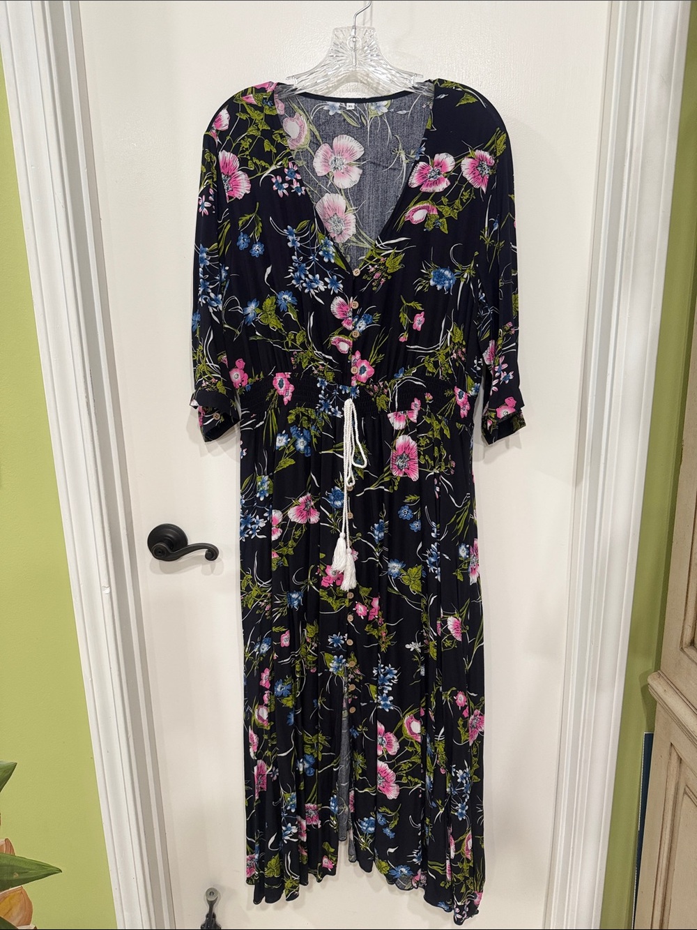 Navy Floral Maxi Dress with Pink & Blue Blooms with button down front